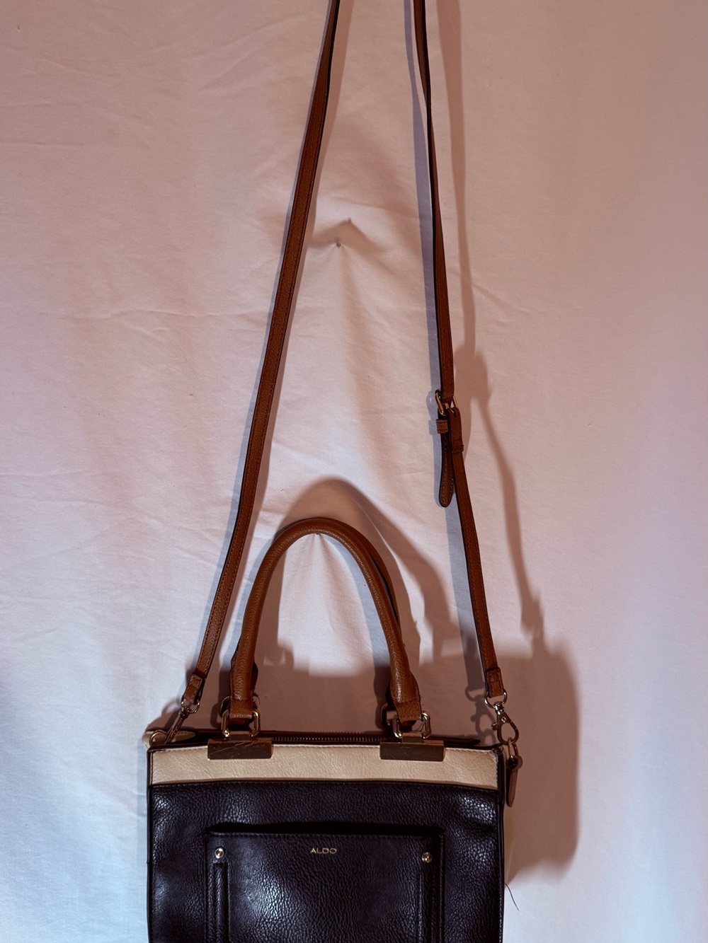 ALDO Colorblock Satchel Crossbody Bag Black Brown Cream Gold Hardware Purse - Picture 2 of 12
